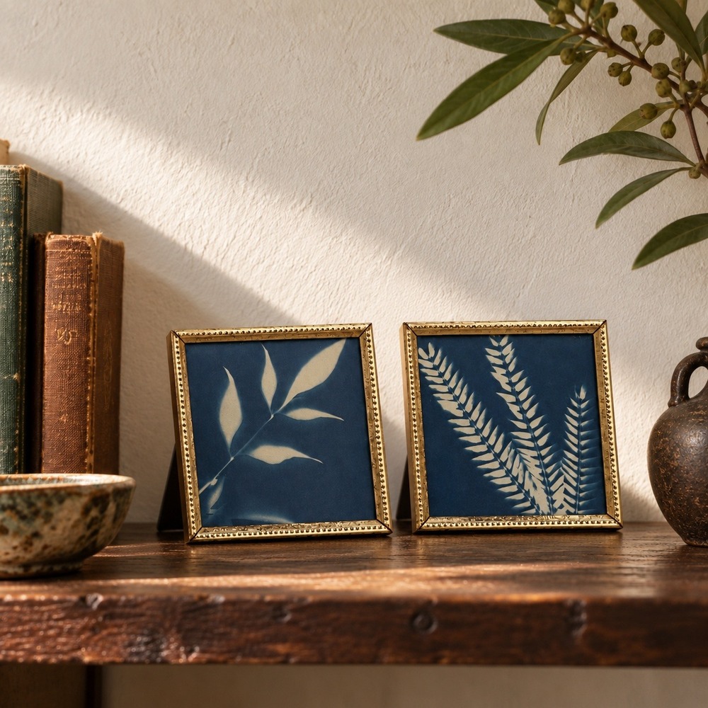 Set of 2 Small Framed Botanical Prints, Blue and Gold Tabletop Brass Decor